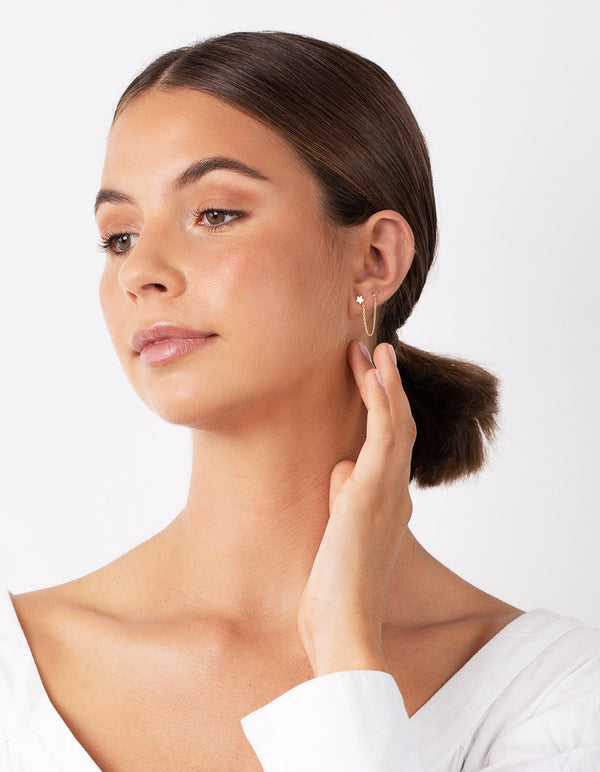 Gold Plated Sterling Silver Star Chain Double Stud Earrings