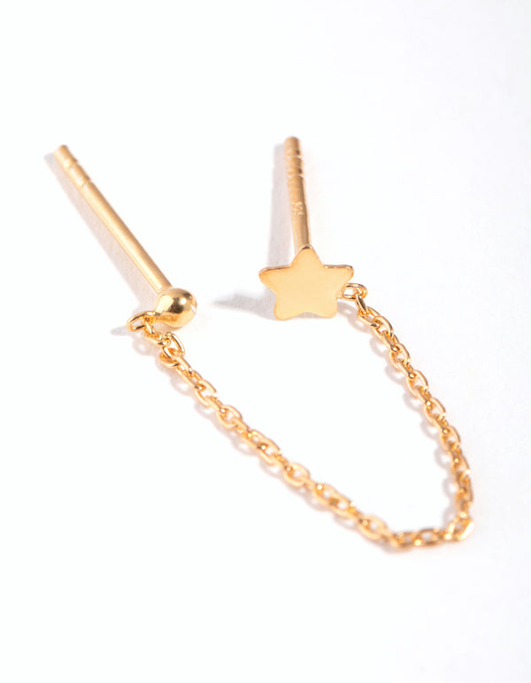 Gold Plated Sterling Silver Star Chain Double Stud Earrings