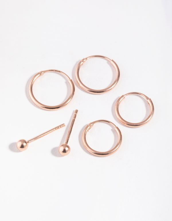 Rose Gold Plated Sterling Silver Ball Stud & Hoop Three-Pack Earring