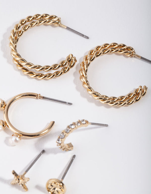 Gold Mixed Metal Pearl 6-Pack Earring