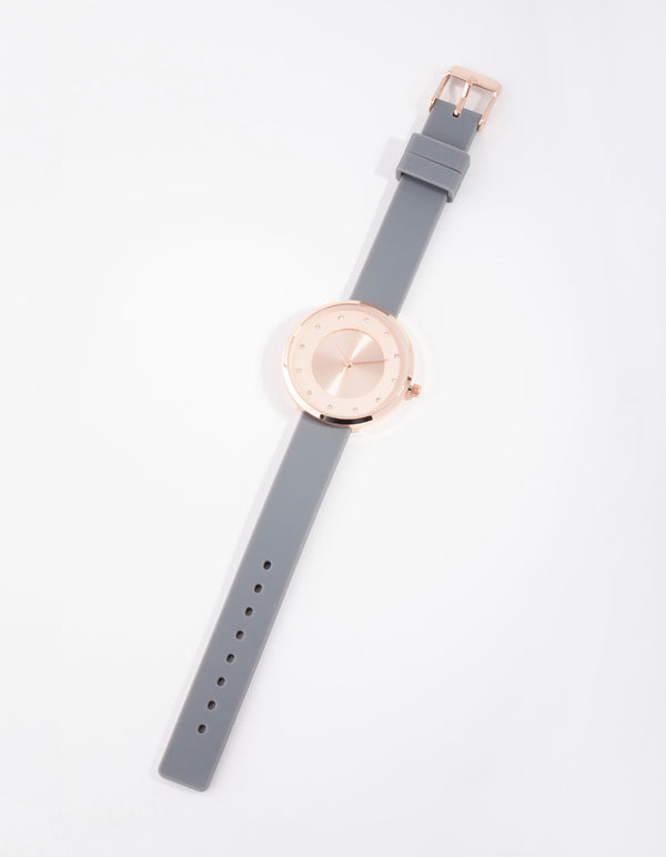 Rose Gold Diamante Sunray Silicon Buckle Watch