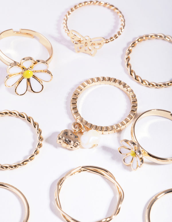 Gold Daisy Enamel Ring 8-Pack