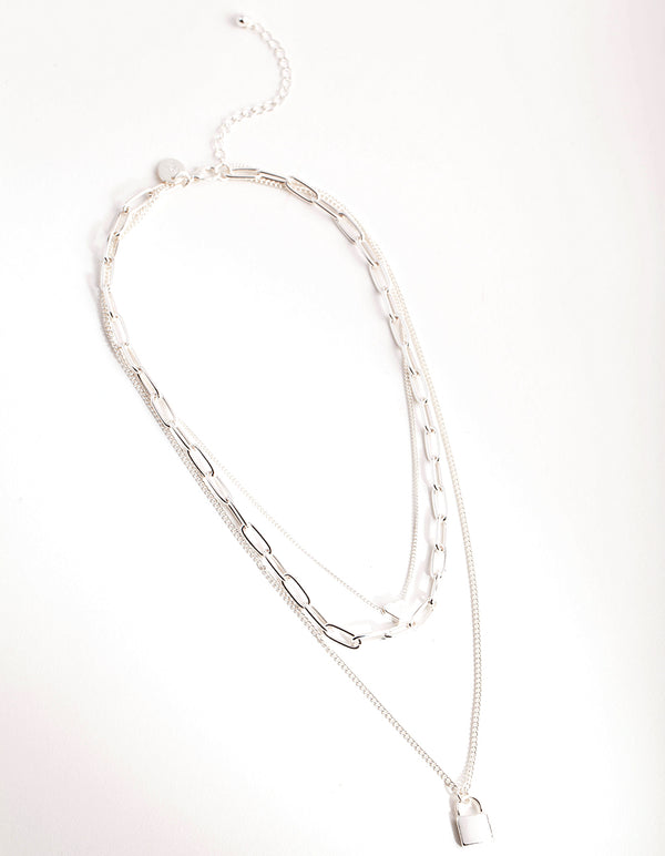 Silver Short Mini Padlock 3-Row Necklace