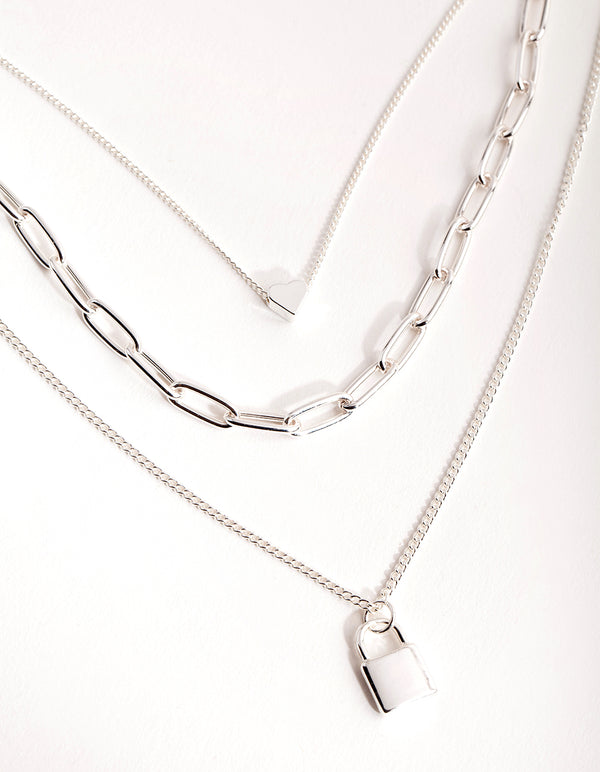 Silver Short Mini Padlock 3-Row Necklace