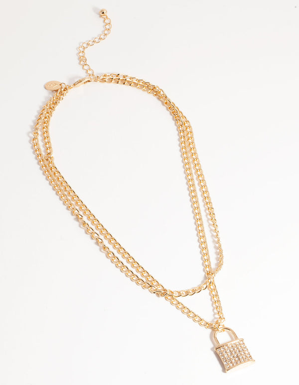 Gold Multi-Row Diamante Padlock Necklace