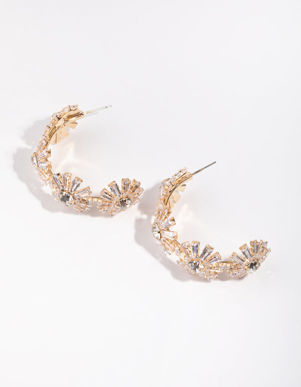 Gold Geometric Cubic Zirconia Stone Flower Hoops