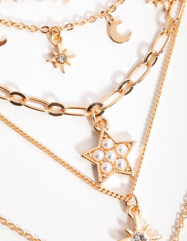 Gold Pearl Drop Celestial 5-Row Necklace