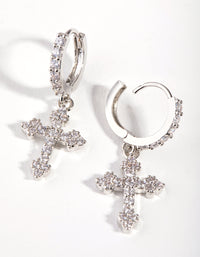 Silver Diamond Simulant Cross Huggie Earrings - link has visual effect only