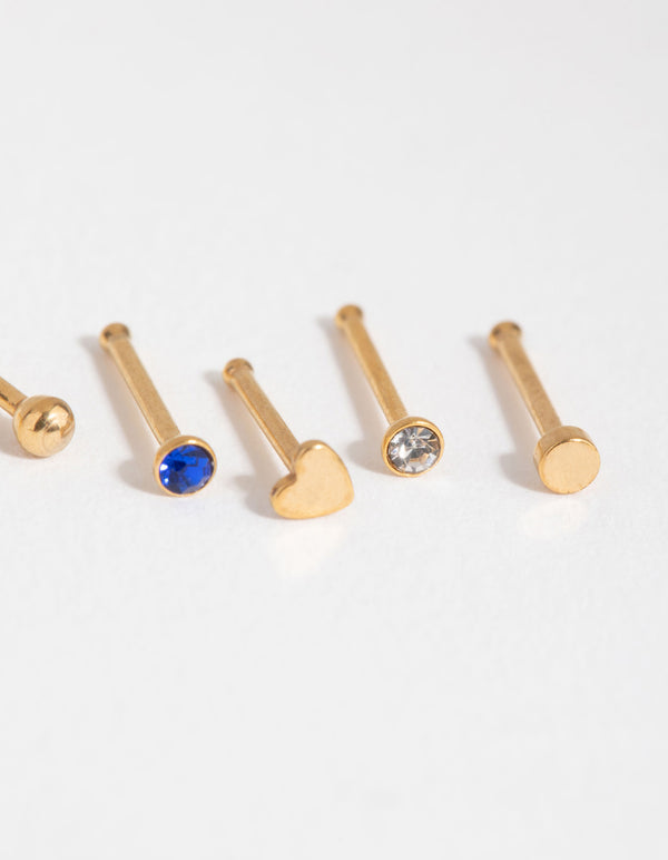 Gold Surgical Steel Heart Diamante Nose Stud 6-Pack