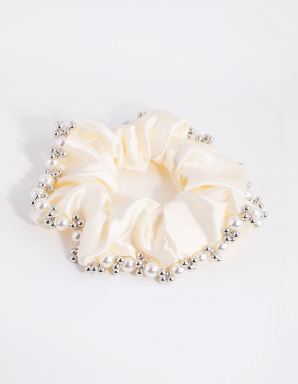 Embellished Cream Satin Scrunchie