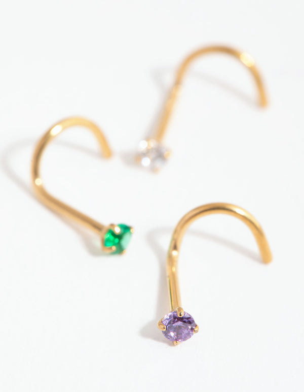 Gold Surgical Steel Classic Gem Nose Stud Pack