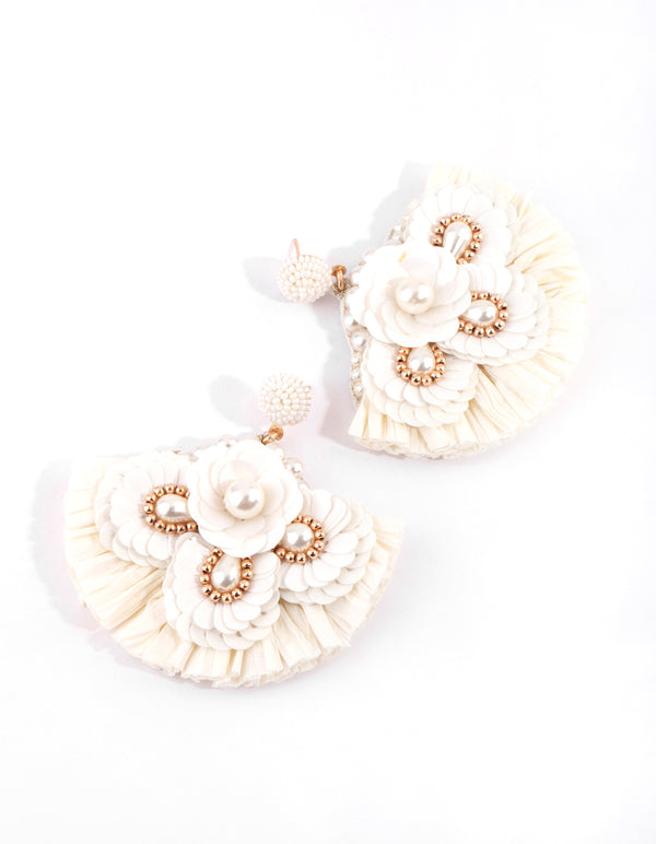 White Raffia Sequin Fan Earrings