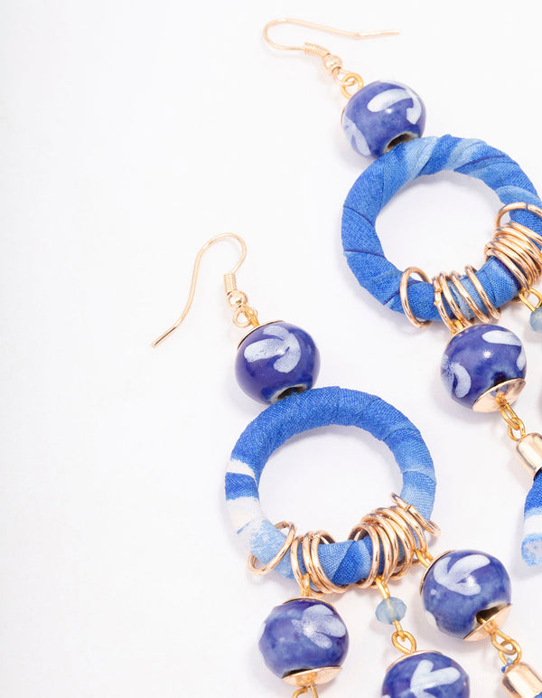 Blue Fabric Wrapped Ball Gathered Earrings