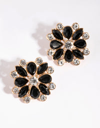 Gold & Black Diamante Flower Stud Earrings - link has visual effect only