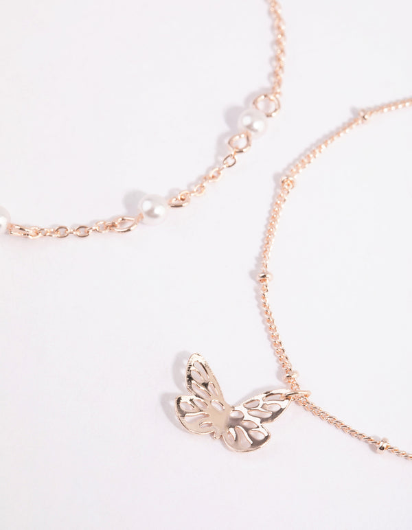 Rose Gold Pearl & Butterfly Bracelet Set