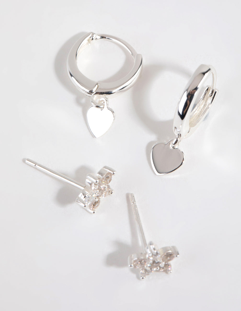 Sterling Silver Flower Heart Stud & Huggie Set