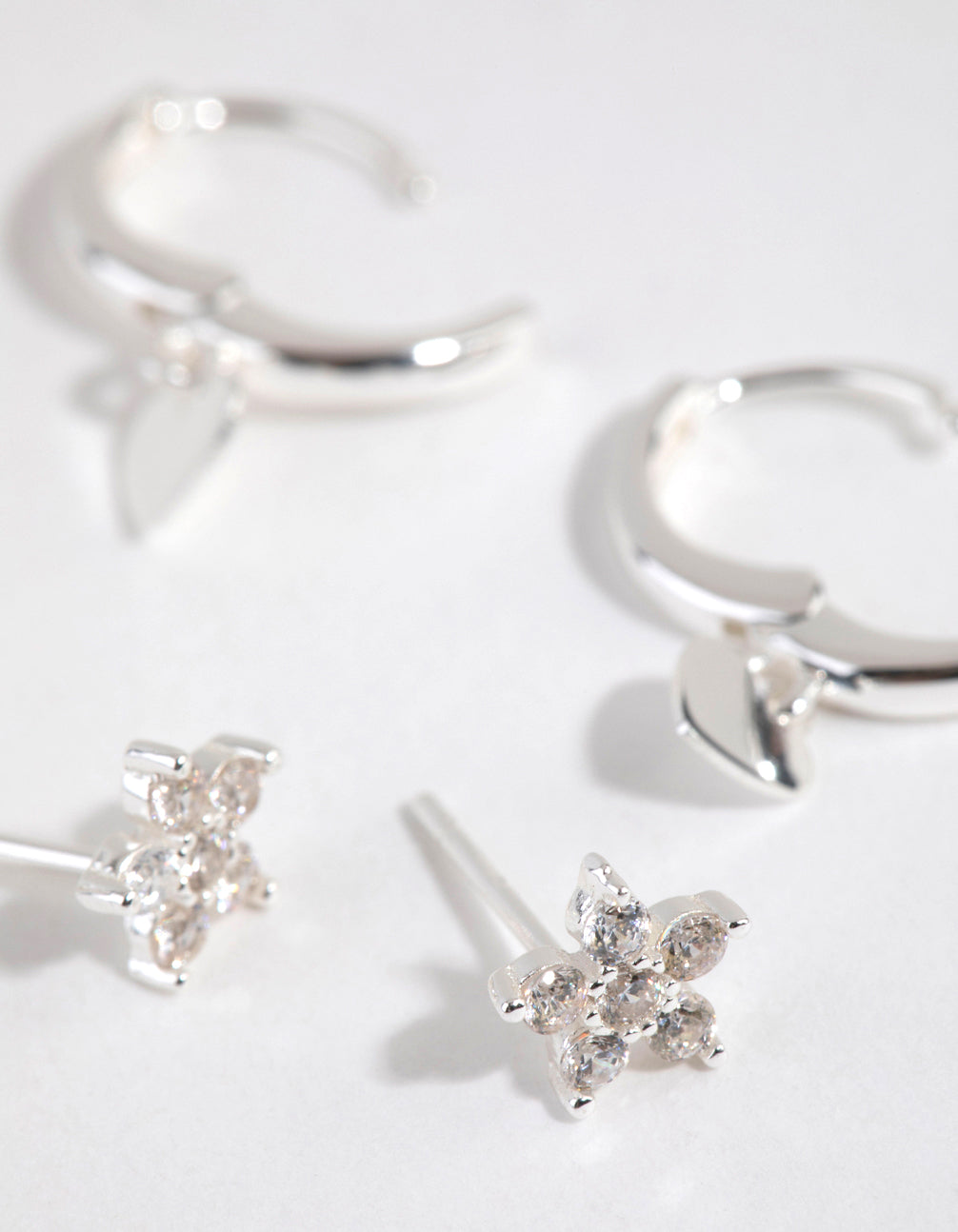 Sterling Silver Flower Heart Stud & Huggie Set