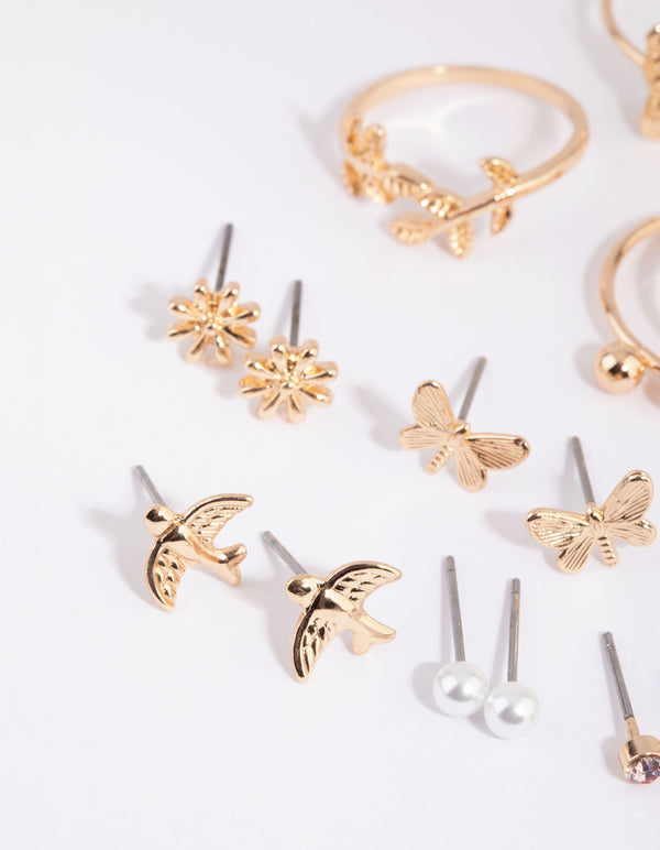 Gold Butterly & Pearl Earring & Ring Pack