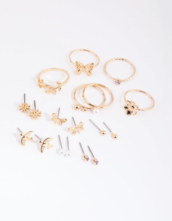 Gold Butterly & Pearl Earring & Ring Pack