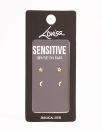 Gold Plated Surgical Steel Celestial Stud Earring Set - link has visual effect only