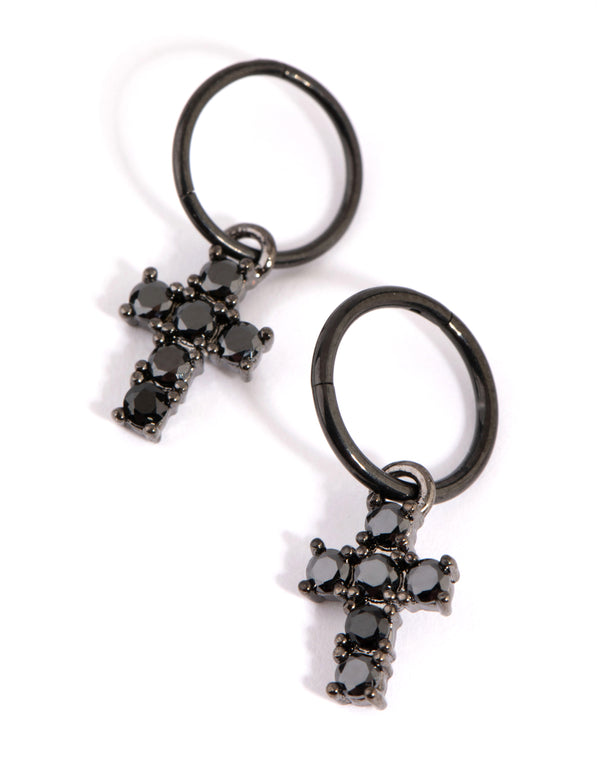 Matte Black Cubic Zirconia Cross Sleeper Earrings