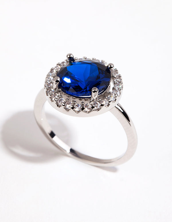Silver Sapphire Cubic Zirconia Halo Ring