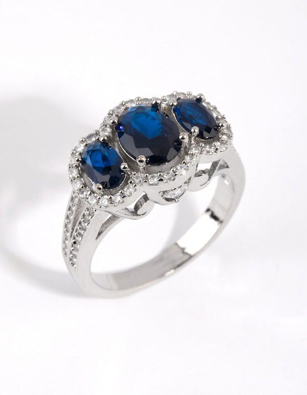Rhodium Sapphire Cubic Zirconia Triple Stone Ring