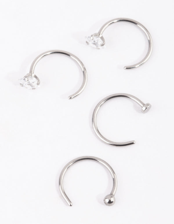 Surgical Steel Silver Martini Set Diamante Nose Ring 4-Pack