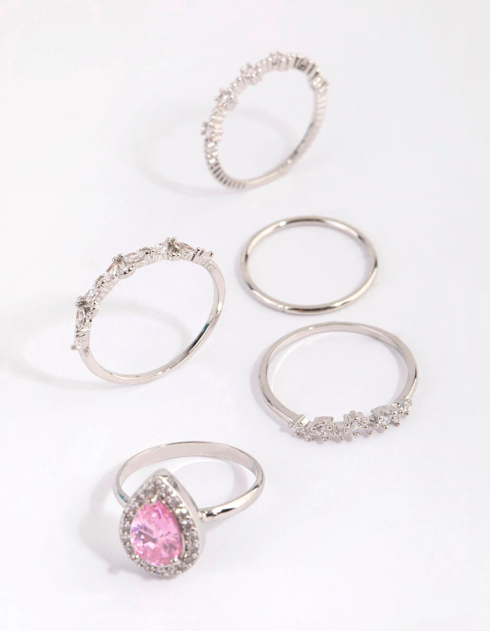 Silver Cubic Zirconia Pink Diamante Ring 5-Pack