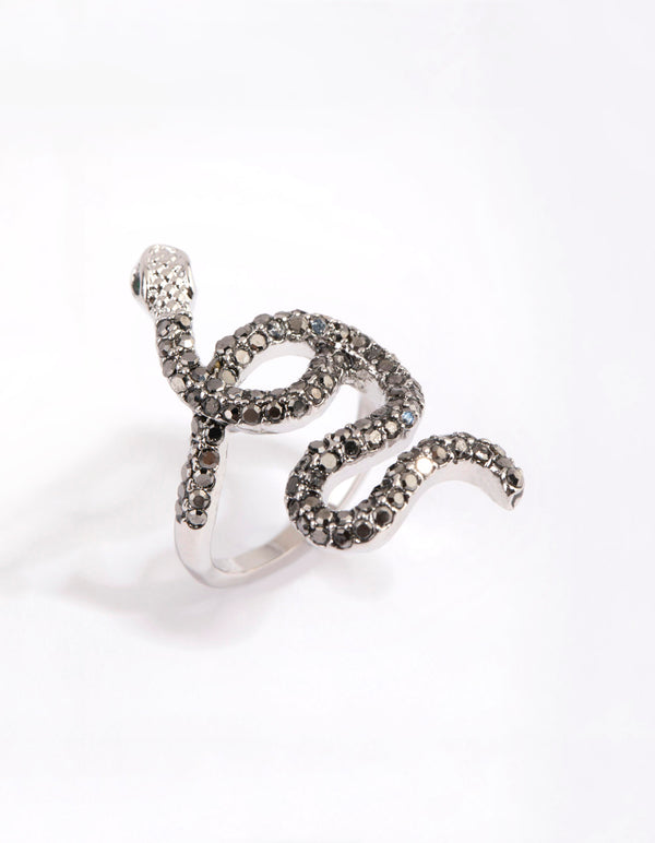 Silver Black Diamante Snake Swirl Ring