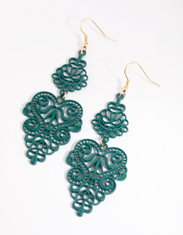 Matte Green Coated Metal Filigree Drop Earrings