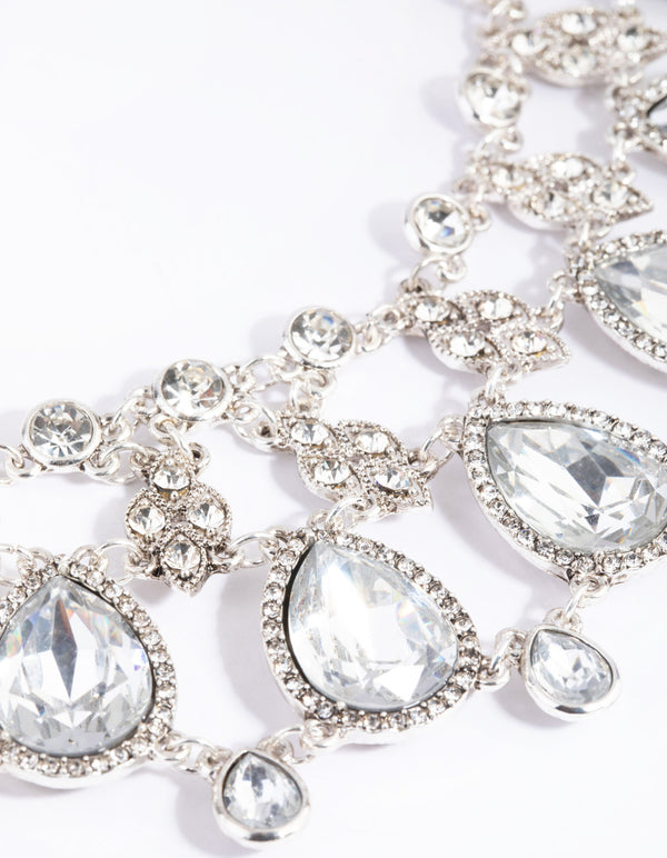 Antique Silver Diamante Ribbon Necklace