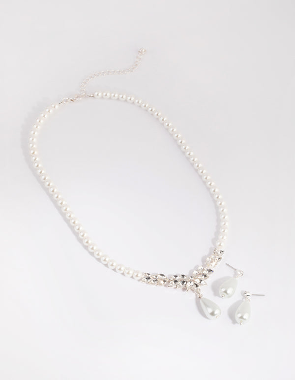 Silver Teardrop Pearl Necklace & Earrings Set