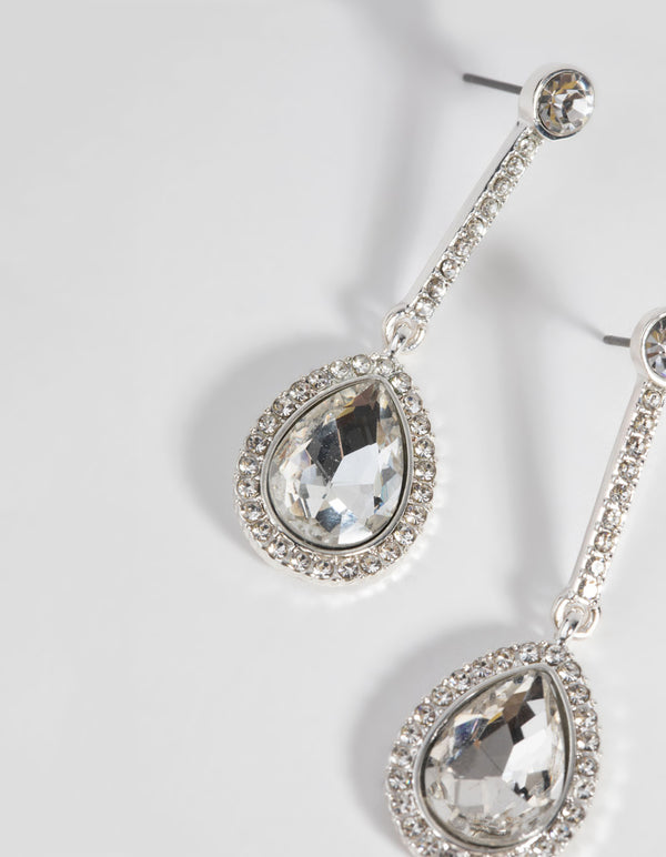 Silver Teardrop Diamante Drop Earrings