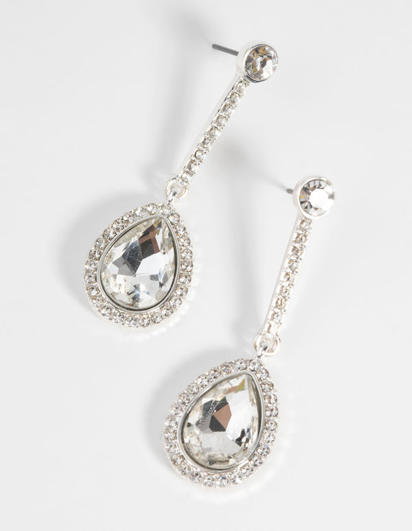 Silver Teardrop Diamante Drop Earrings