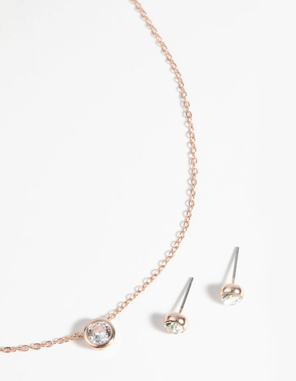 Rose Gold Diamante Pendant Necklace & Earring Set