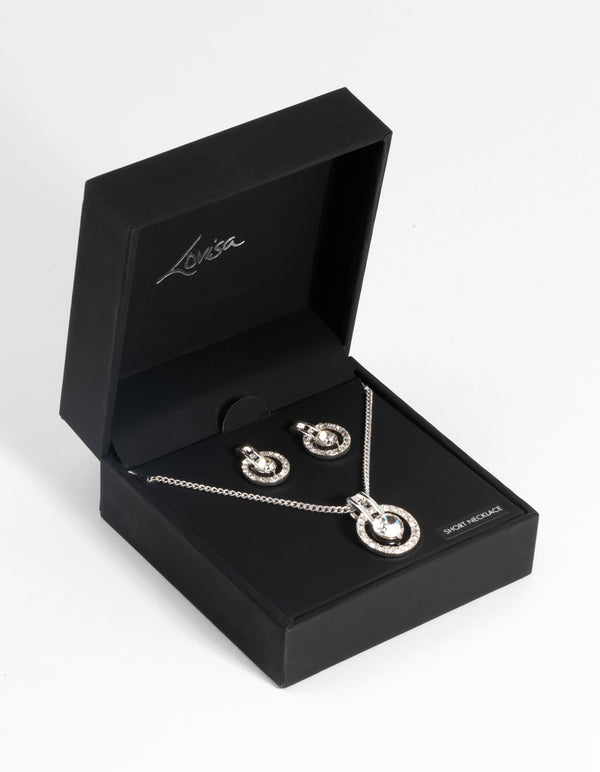 Silver Circular Diamante Necklace & Earring Set