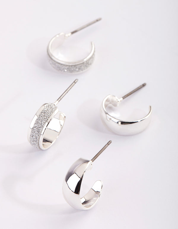 Silver Glitter Huggie Hoop Earring Set