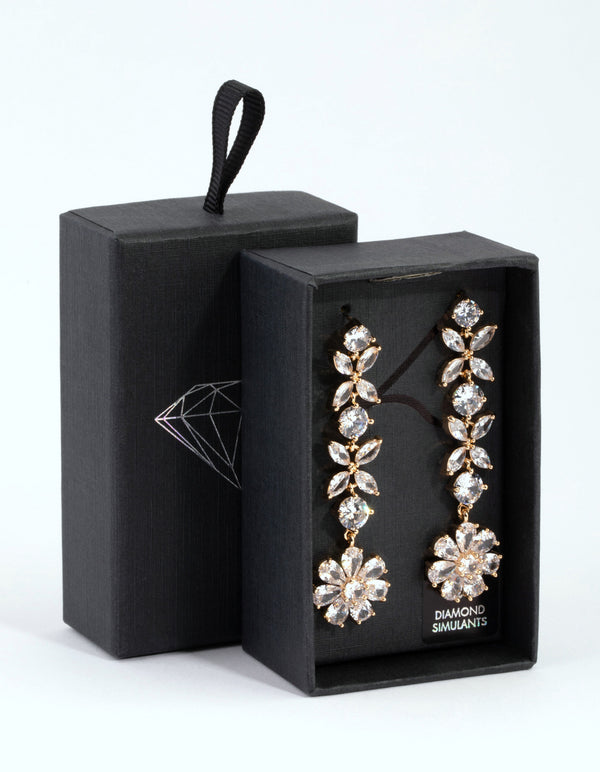 Gold Diamond Simulant Flower Drop Earrings