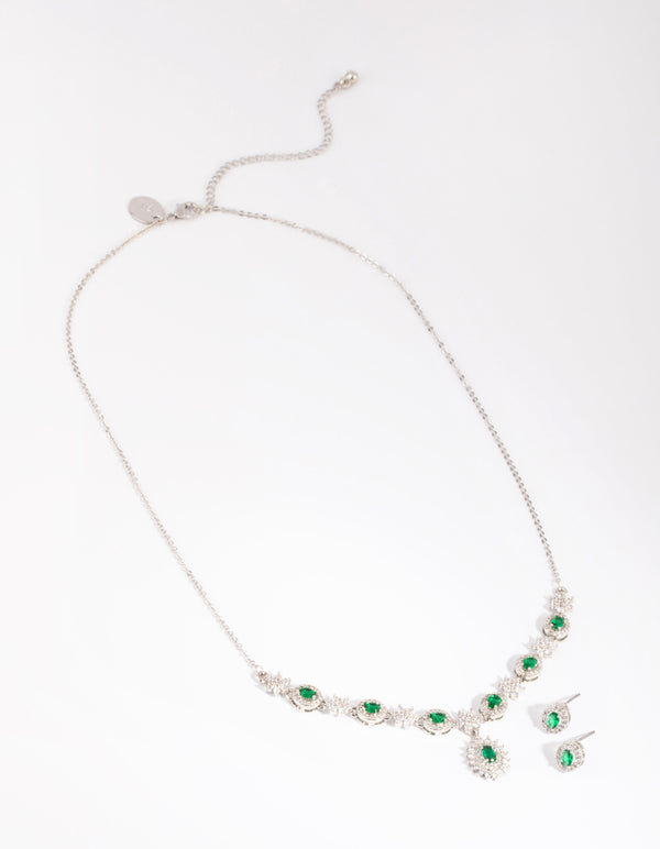 Silver Emerald Diamond Simulant Necklace & Earring Set