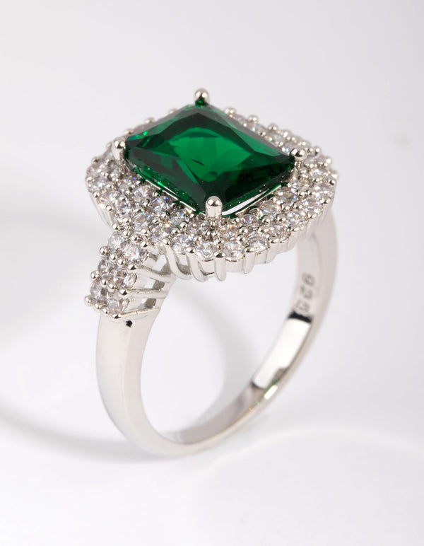 Silver Emerald Diamond Simulant Square Ring