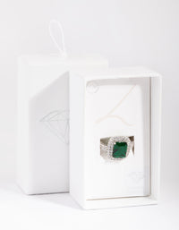 Silver Emerald Diamond Simulant Square Ring - link has visual effect only
