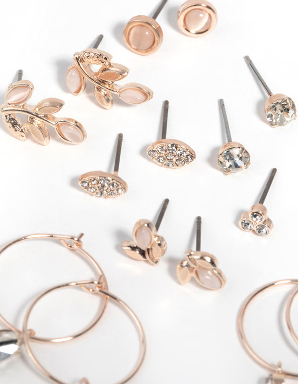 Rose Gold Diamante & Leaf Stud Earring 8-Pack