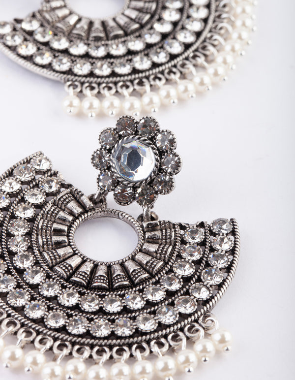 Antique Silver Pearl Bead Chandbali Earrings