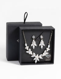 Silver Diamond Simulant Navette Necklace & Earrings Set - link has visual effect only