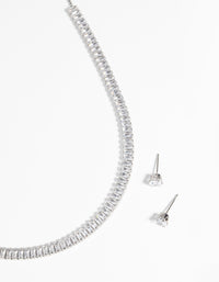 Silver Diamond Simulant Baguette Necklace & Earrings Set - link has visual effect only