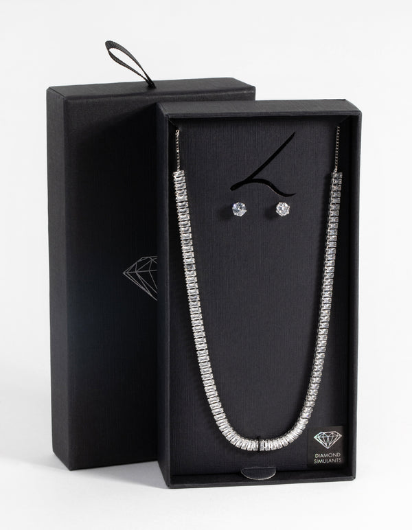 Silver Diamond Simulant Baguette Necklace & Earrings Set