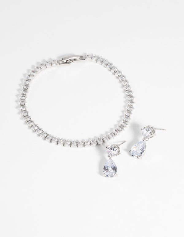 Silver Diamond Simulant Marquise Bracelet & Earrings Set