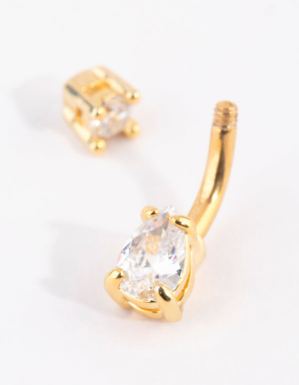 Gold Plated Titanium Pear Diamante Small Belly Bar
