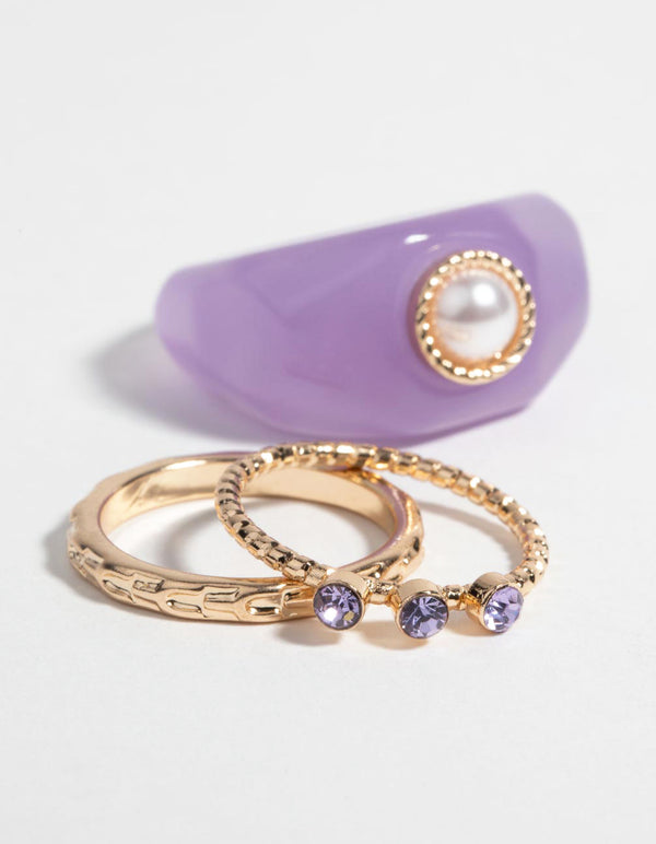 Purple Pearl & Diamante Ring Pack